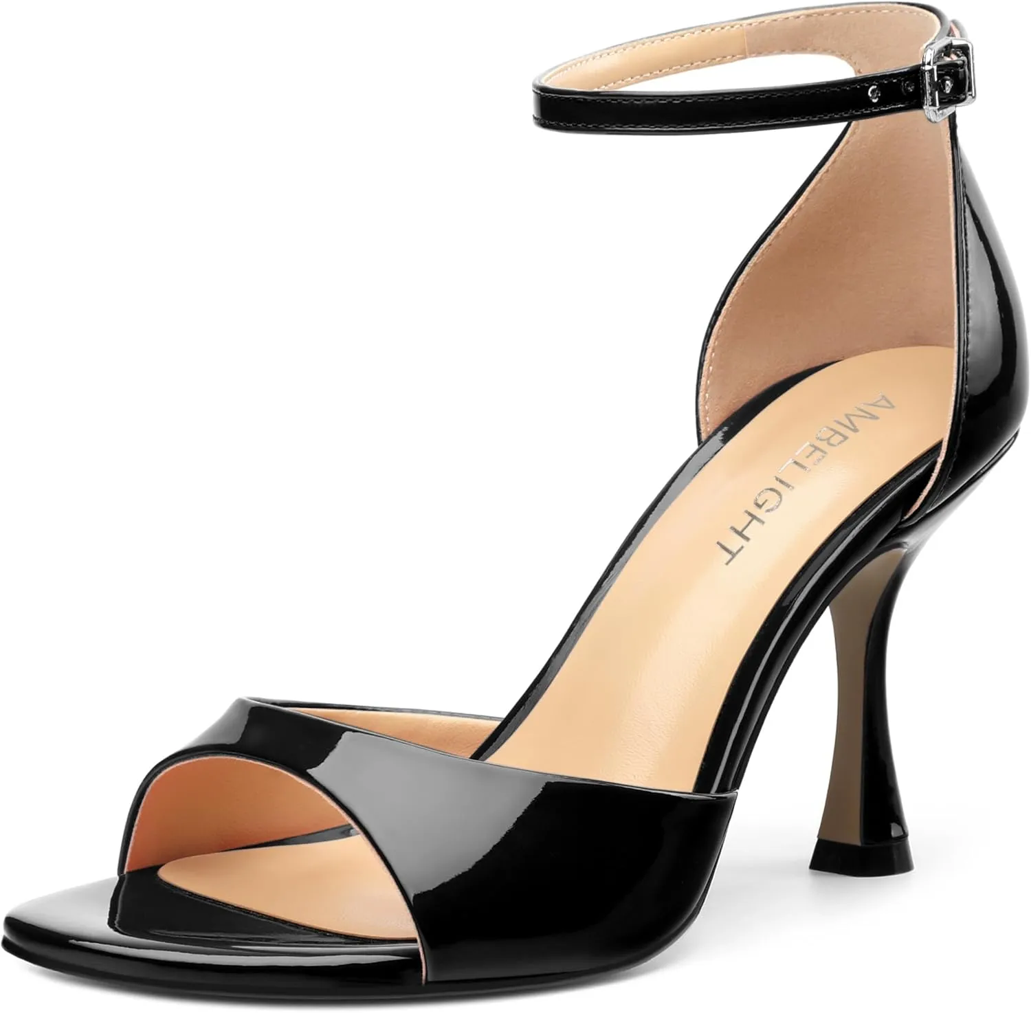 AMBELIGHT Women's Sexy Stiletto High Kitten Patent Heels Ankle Strap Buckle Round Peep Open Toe Sandals Elegant Dress Office Party Wedding Shoes For Women 3.5 Inch