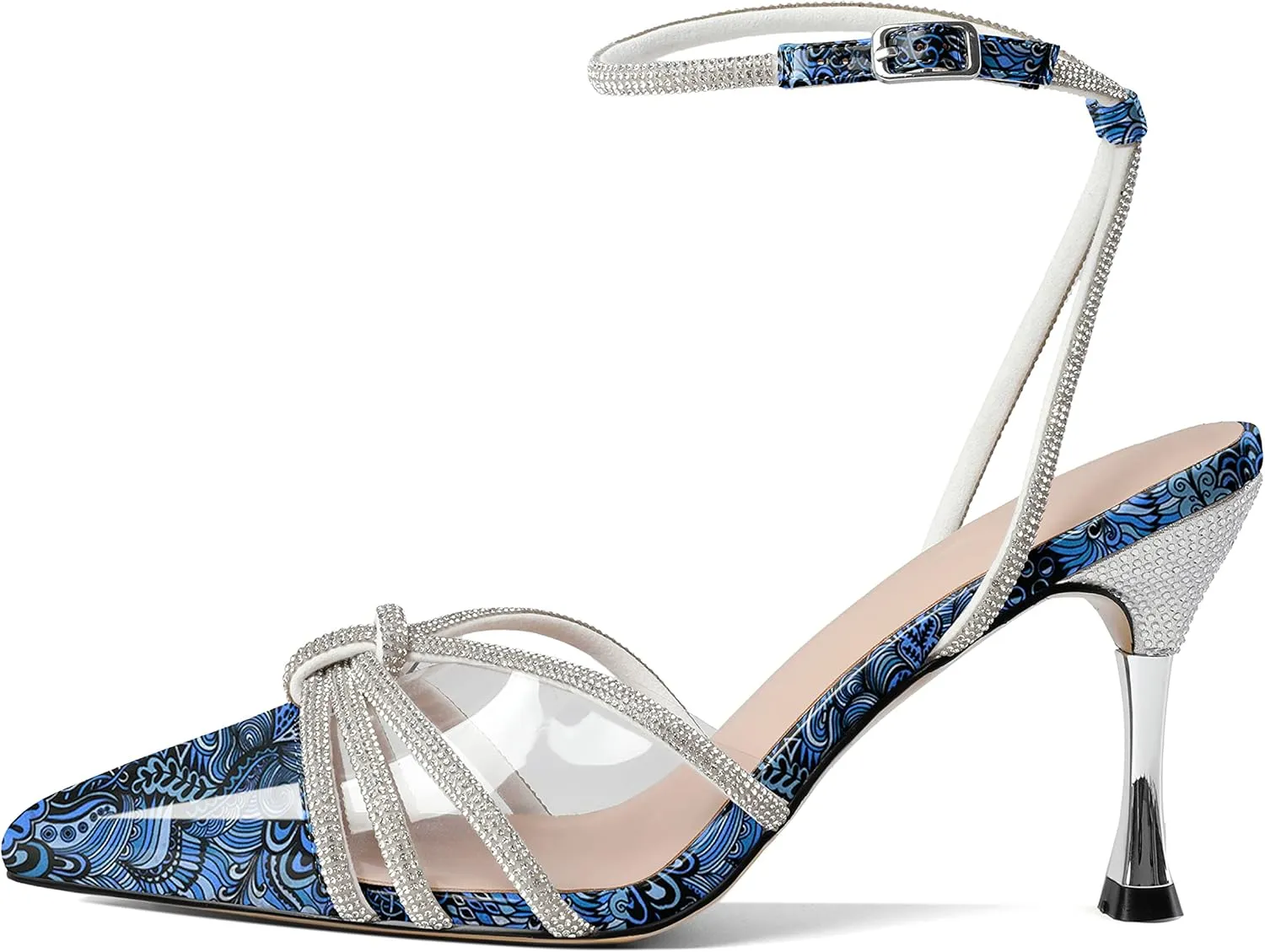 AUMOTED Women's Stiletto High Heel Pumps Ladies Clear Heels Patent Pointed Toe Pumps Crystal Rhinestones Ankle Strap Wedding Bridal Dress Heeled Sandals 3.4 Inch