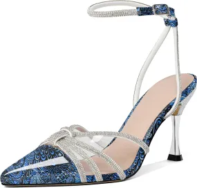 AUMOTED Women's Stiletto High Heel Pumps Ladies Clear Heels Patent Pointed Toe Pumps Crystal Rhinestones Ankle Strap Wedding Bridal Dress Heeled Sandals 3.4 Inch