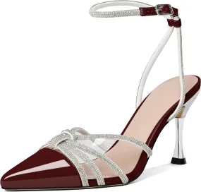 AUMOTED Women's Stiletto High Heel Pumps Ladies Clear Heels Patent Pointed Toe Pumps Crystal Rhinestones Ankle Strap Wedding Bridal Dress Heeled Sandals 3.4 Inch