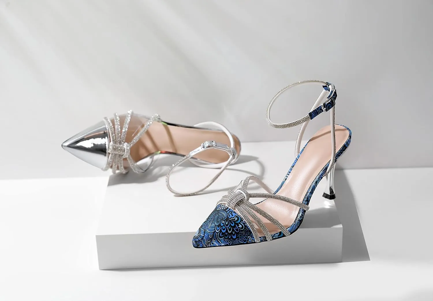 AUMOTED Women's Stiletto High Heel Pumps Ladies Clear Heels Patent Pointed Toe Pumps Crystal Rhinestones Ankle Strap Wedding Bridal Dress Heeled Sandals 3.4 Inch