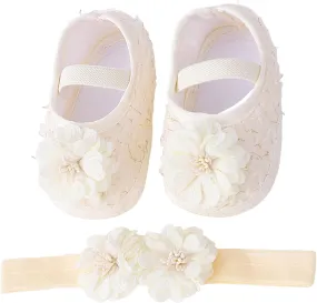 Baby Shoes with Hair Band Fashion Soft Soled Toddler Shoes Versatile Dress Flower Princess Shoes Little Girl Wide Shoes