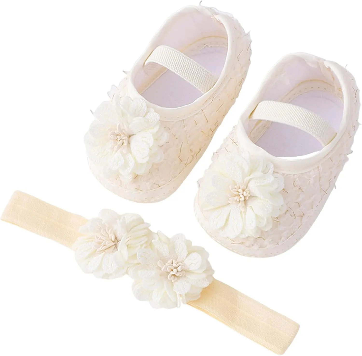 Baby Shoes with Hair Band Fashion Soft Soled Toddler Shoes Versatile Dress Flower Princess Shoes Little Girl Wide Shoes