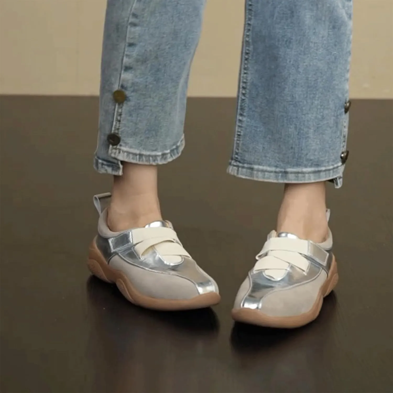 Ballet Sneakers for Woman Leather Trendy Metallic Hook and Loop Wide Box Ballerina Platform Heel Fancy Retro Soft Ballet Shoes 2025 Spring Summer Fashionable