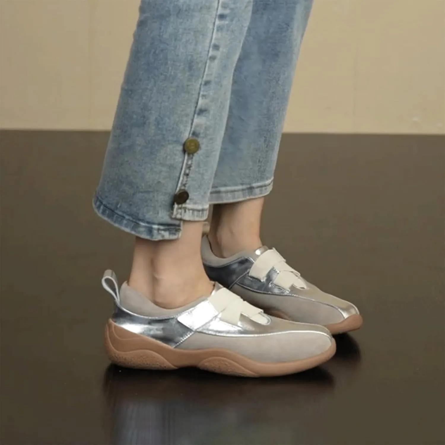 Ballet Sneakers for Woman Leather Trendy Metallic Hook and Loop Wide Box Ballerina Platform Heel Fancy Retro Soft Ballet Shoes 2025 Spring Summer Fashionable