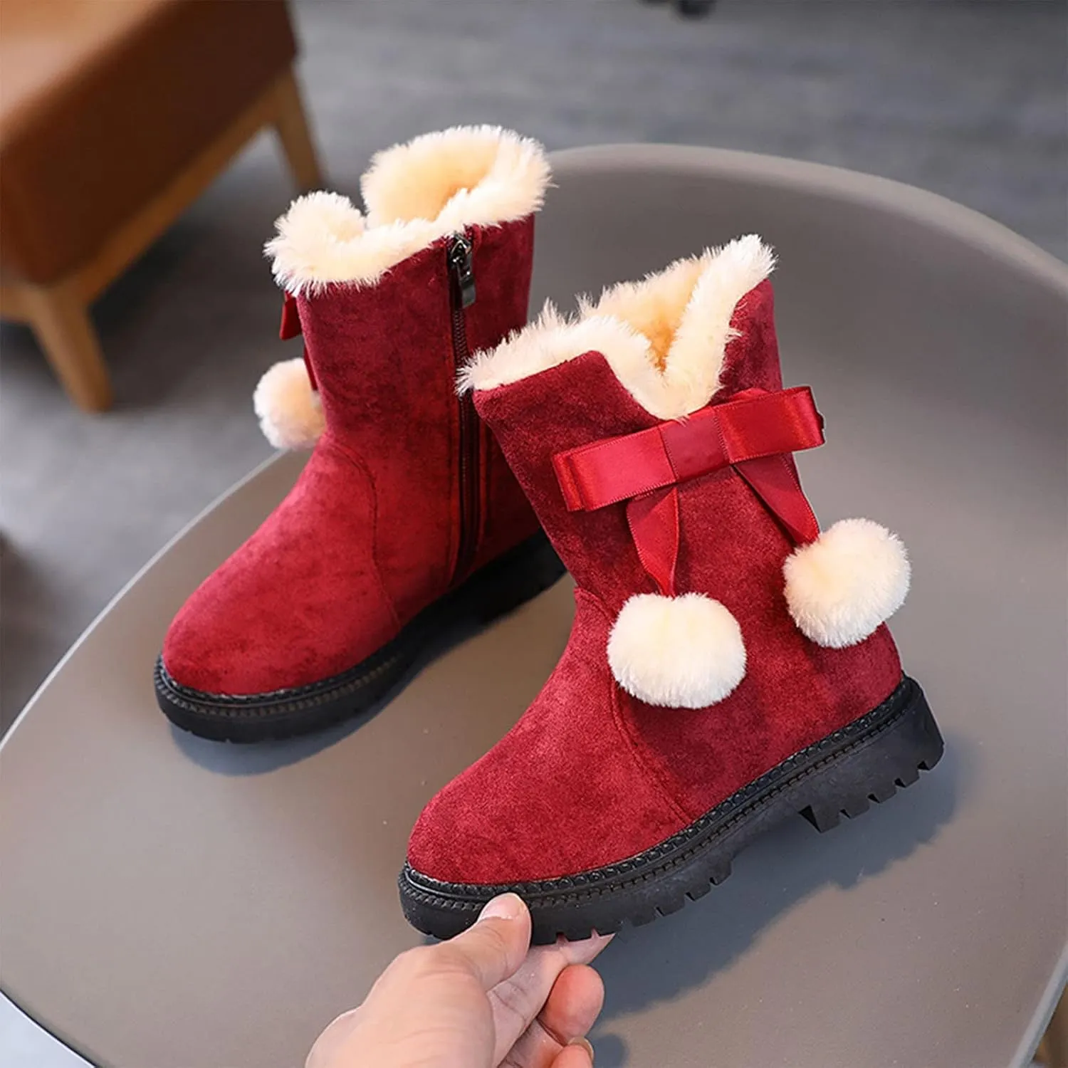 Boys Fr Lined Boots Toddler Baby Girls Winter Warm Furry Plush Snow Booties Cozy Slip On With Zipper Flat Shoes