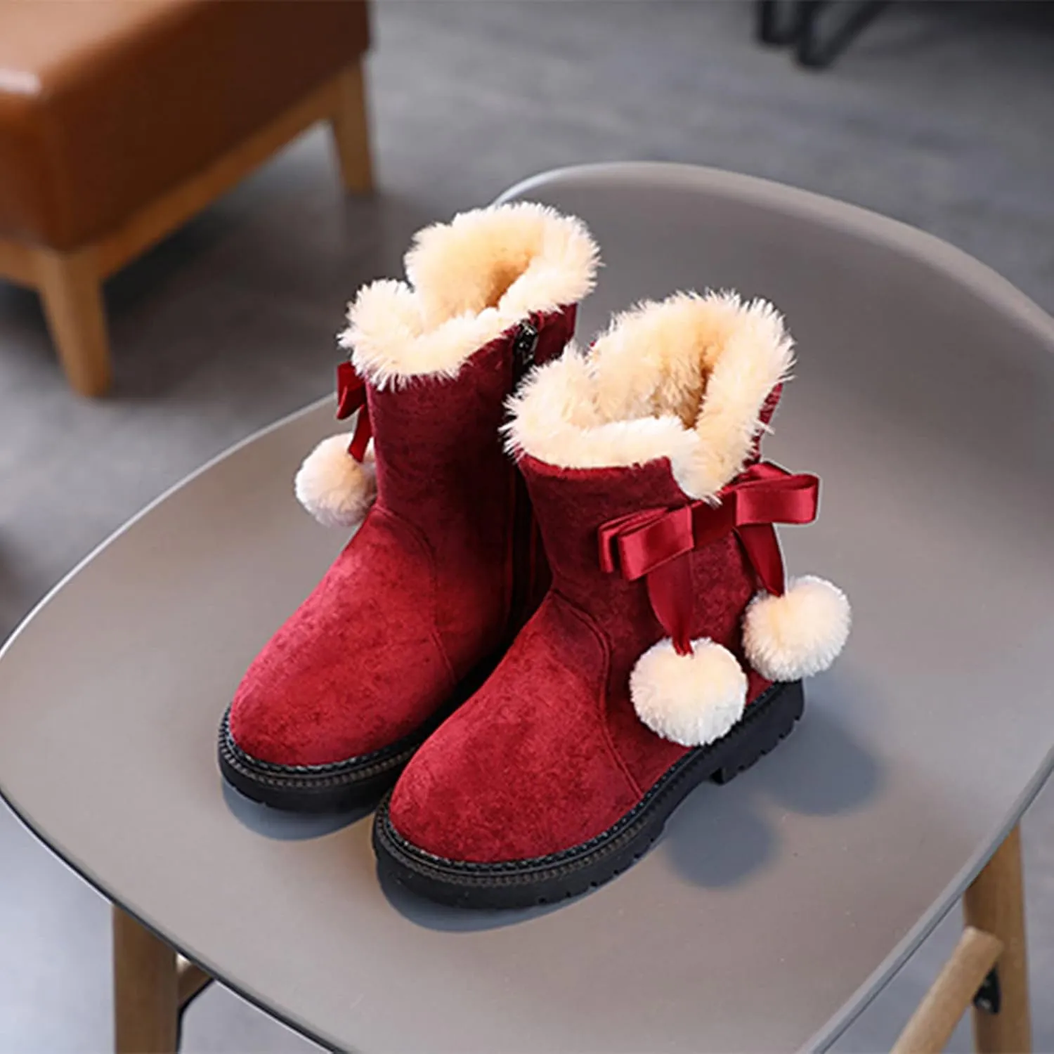 Boys Fr Lined Boots Toddler Baby Girls Winter Warm Furry Plush Snow Booties Cozy Slip On With Zipper Flat Shoes