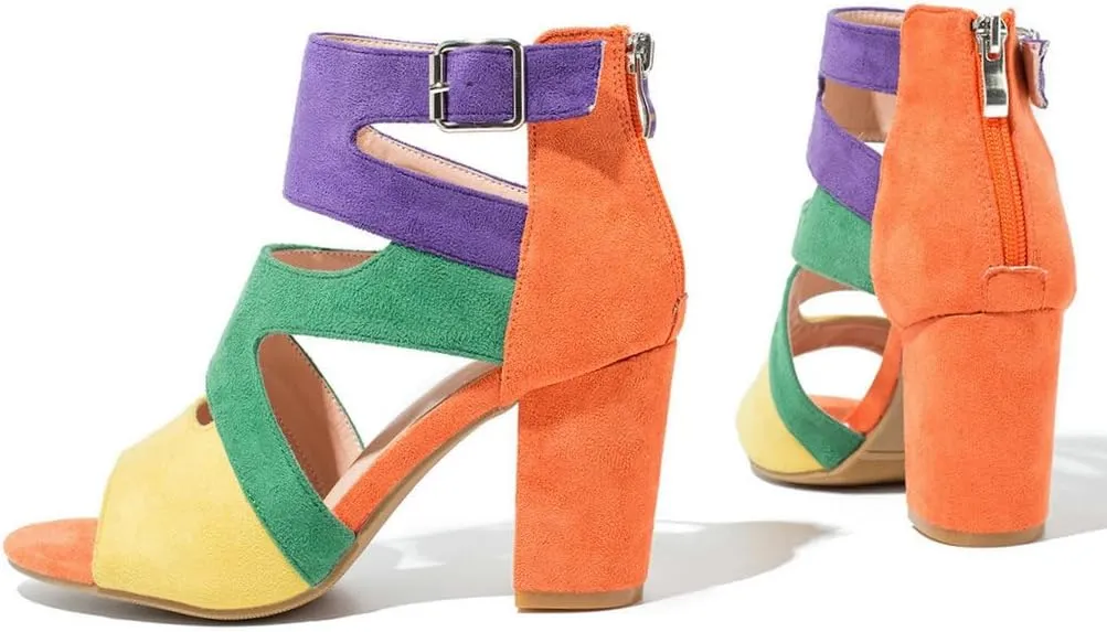 DINTAHA Peep Toe Booties Women,Cutout Caged Heeled Gladiator Sandals,Strappy Block Heels