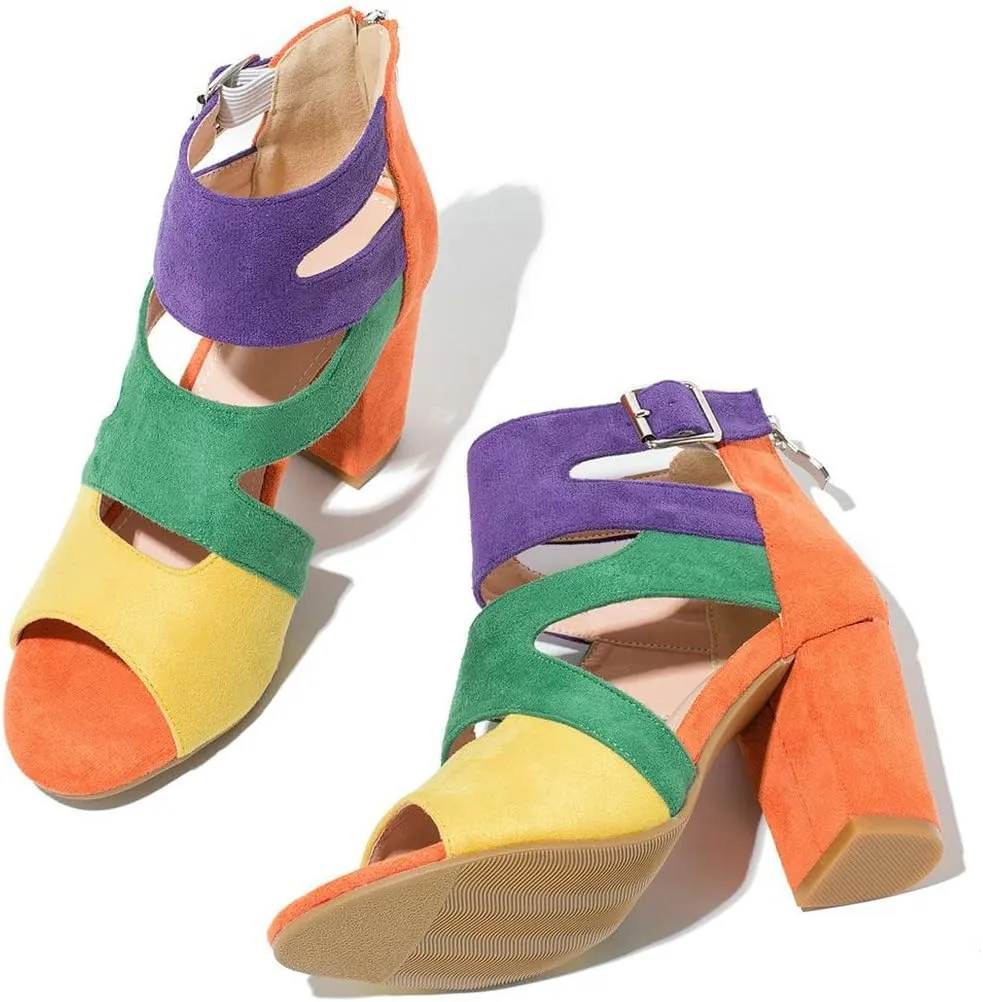 DINTAHA Peep Toe Booties Women,Cutout Caged Heeled Gladiator Sandals,Strappy Block Heels