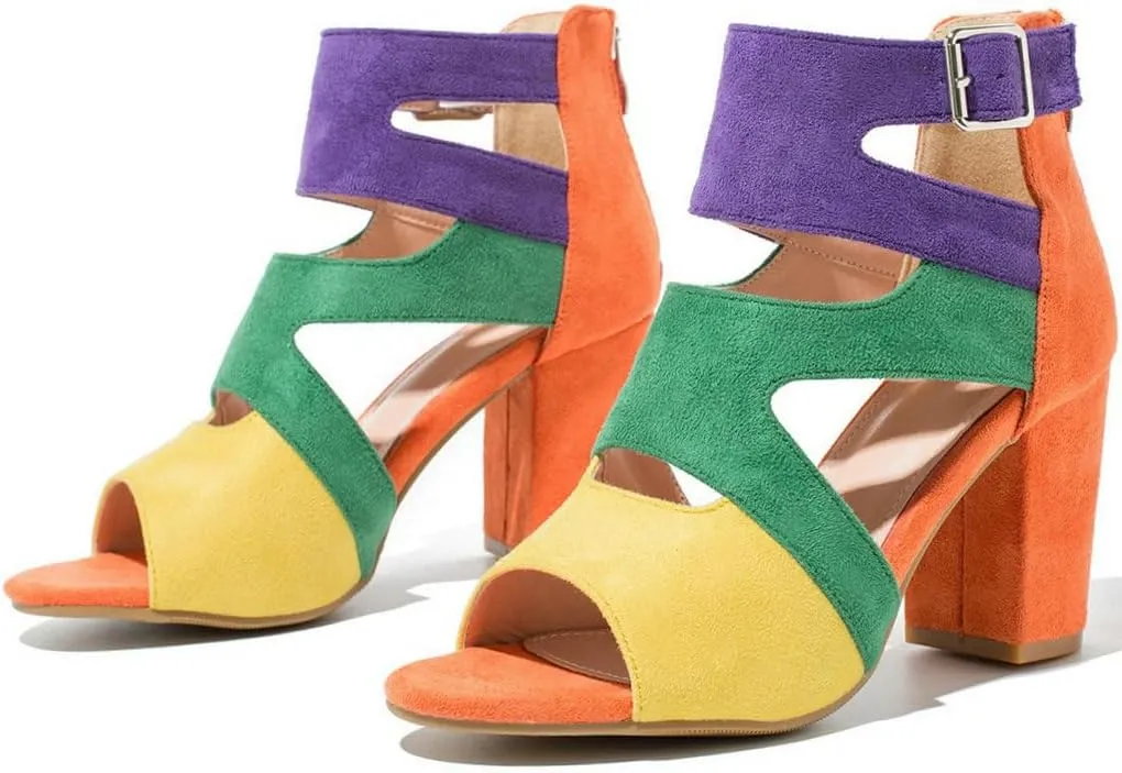 DINTAHA Peep Toe Booties Women,Cutout Caged Heeled Gladiator Sandals,Strappy Block Heels