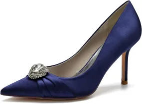 FufoneUS Bridal Shoes Women's Closed Toe Stiletto Bridal Evening Party Wedding Dress Shoes with Crystal,Dark Blue,7