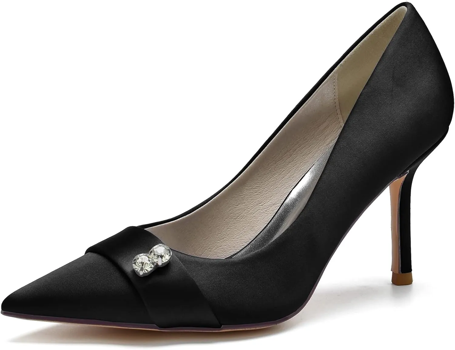 FufoneUS Women's Bridal Shoes Closed Toe 3.35" Stiletto Heel Lace Satin Pumps Evening Wedding Heels,Black,10