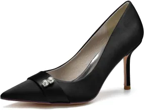 FufoneUS Women's Bridal Shoes Closed Toe 3.35" Stiletto Heel Lace Satin Pumps Evening Wedding Heels,Black,11