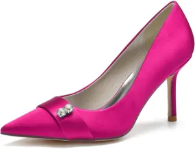 FufoneUS Women's Bridal Shoes Closed Toe 3.35" Stiletto Heel Lace Satin Pumps Evening Wedding Heels,Rose red,10