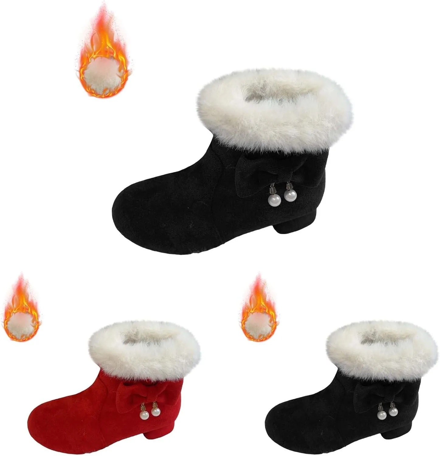 Girls Kids ow Heel Fuzzy Booties Bow Cotton Warm Shoes Boots Little Kid Thick Winter Dress Dance Ankle Shoes Comfy