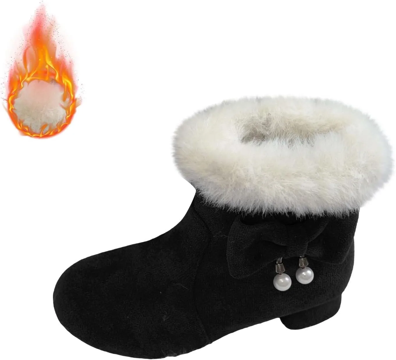 Girls Kids ow Heel Fuzzy Booties Bow Cotton Warm Shoes Boots Little Kid Thick Winter Dress Dance Ankle Shoes Comfy