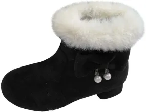 Girls Kids ow Heel Fuzzy Booties Bow Cotton Warm Shoes Boots Little Kid Thick Winter Dress Dance Ankle Shoes Comfy