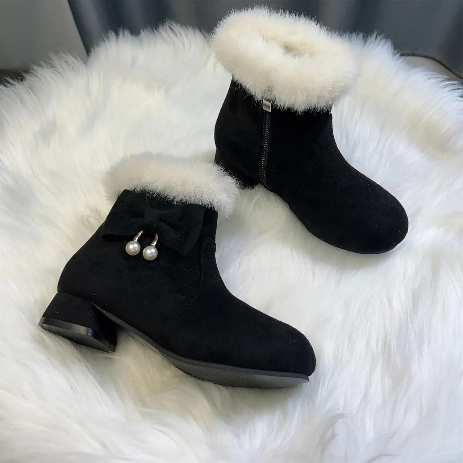 Girls Kids ow Heel Fuzzy Booties Bow Cotton Warm Shoes Boots Little Kid Thick Winter Dress Dance Ankle Shoes Comfy
