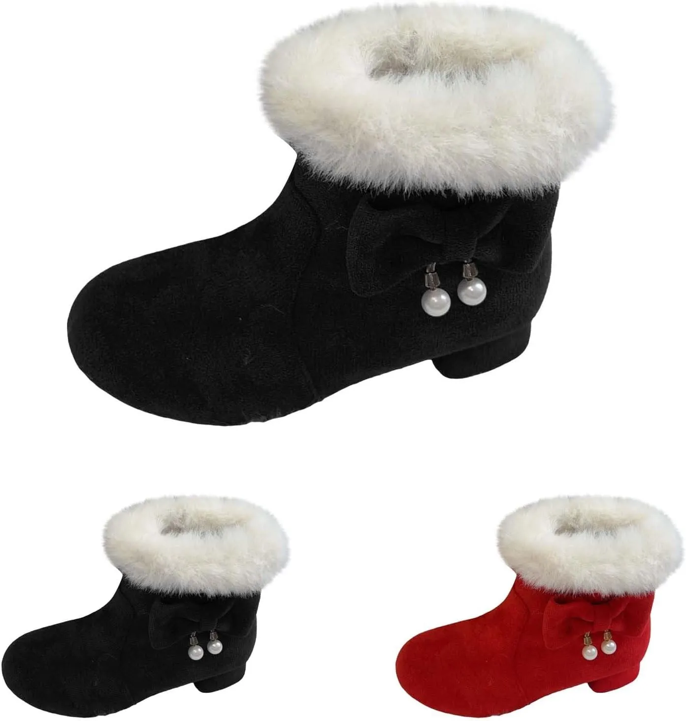 Girls Kids ow Heel Fuzzy Booties Bow Cotton Warm Shoes Boots Little Kid Thick Winter Dress Dance Ankle Shoes Comfy