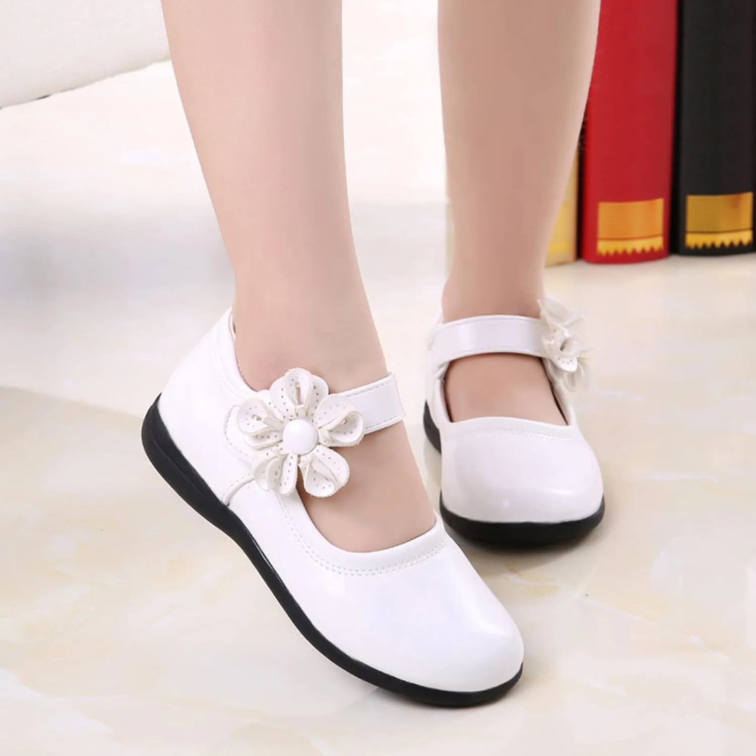 Girls Mary Jane School 𝗨niform Shoes Non-Slip Hook and Loop Princess Flower Flat𝘀 for Birthday Wedding Par𝘁y