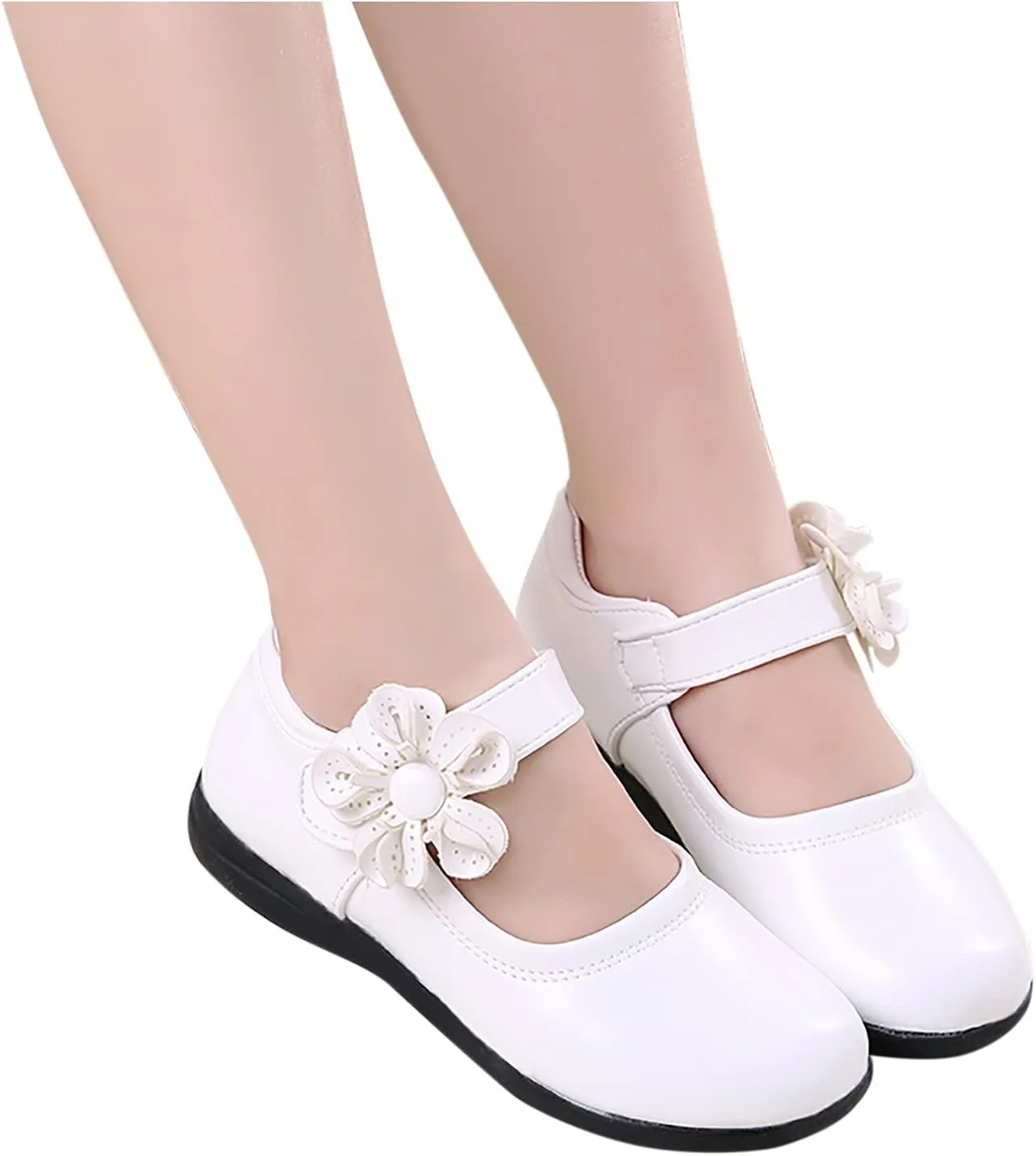 Girls Mary Jane School 𝗨niform Shoes Non-Slip Hook and Loop Princess Flower Flat𝘀 for Birthday Wedding Par𝘁y