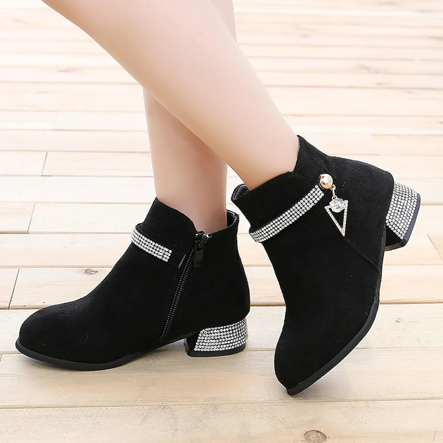 Kids Girls Low Heel Ankle Boots Side Zipper Slip On Dress Shoes Fall Winter Outdoor Casual Booties School Shoes