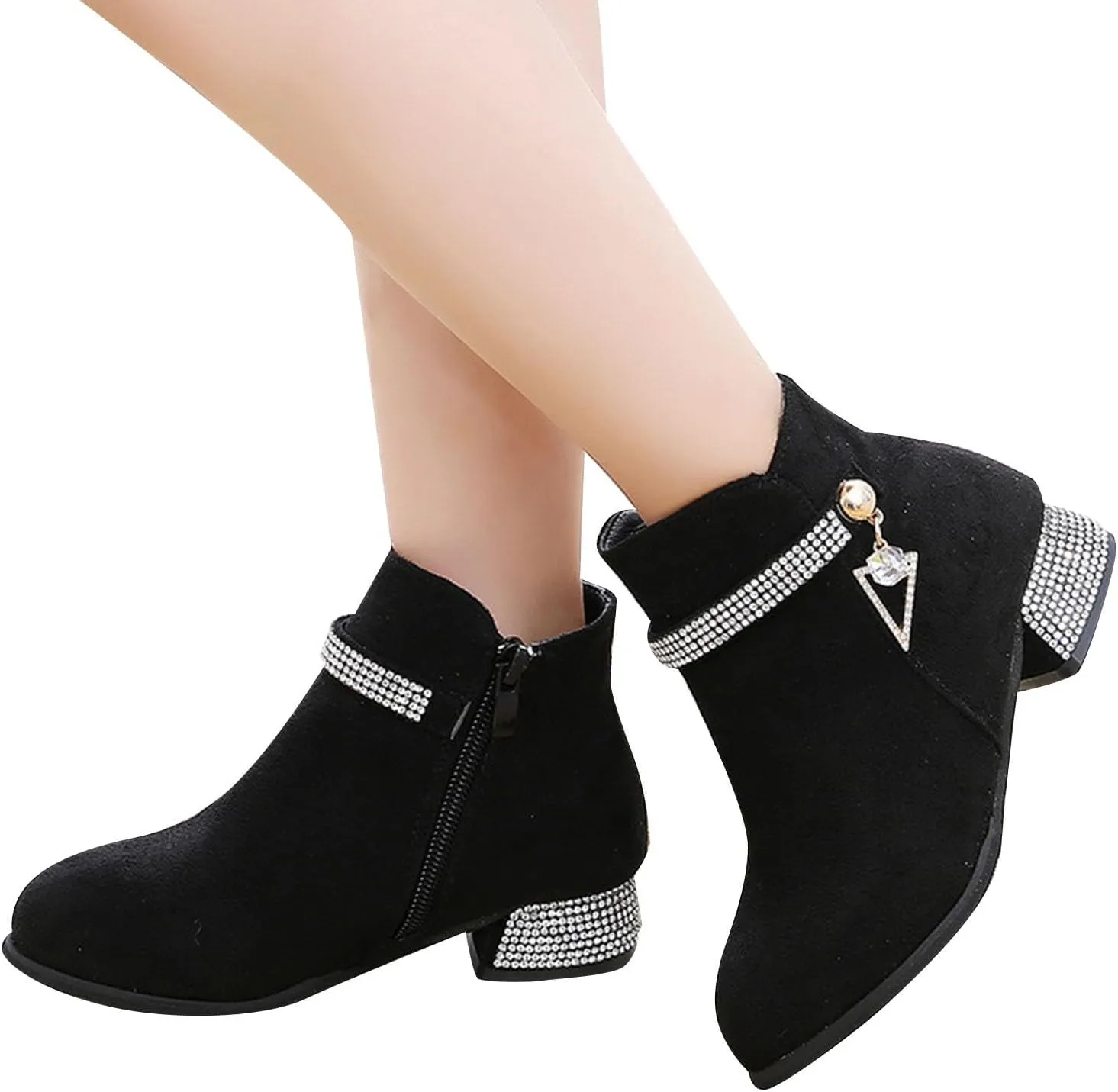 Kids Girls Low Heel Ankle Boots Side Zipper Slip On Dress Shoes Fall Winter Outdoor Casual Booties School Shoes