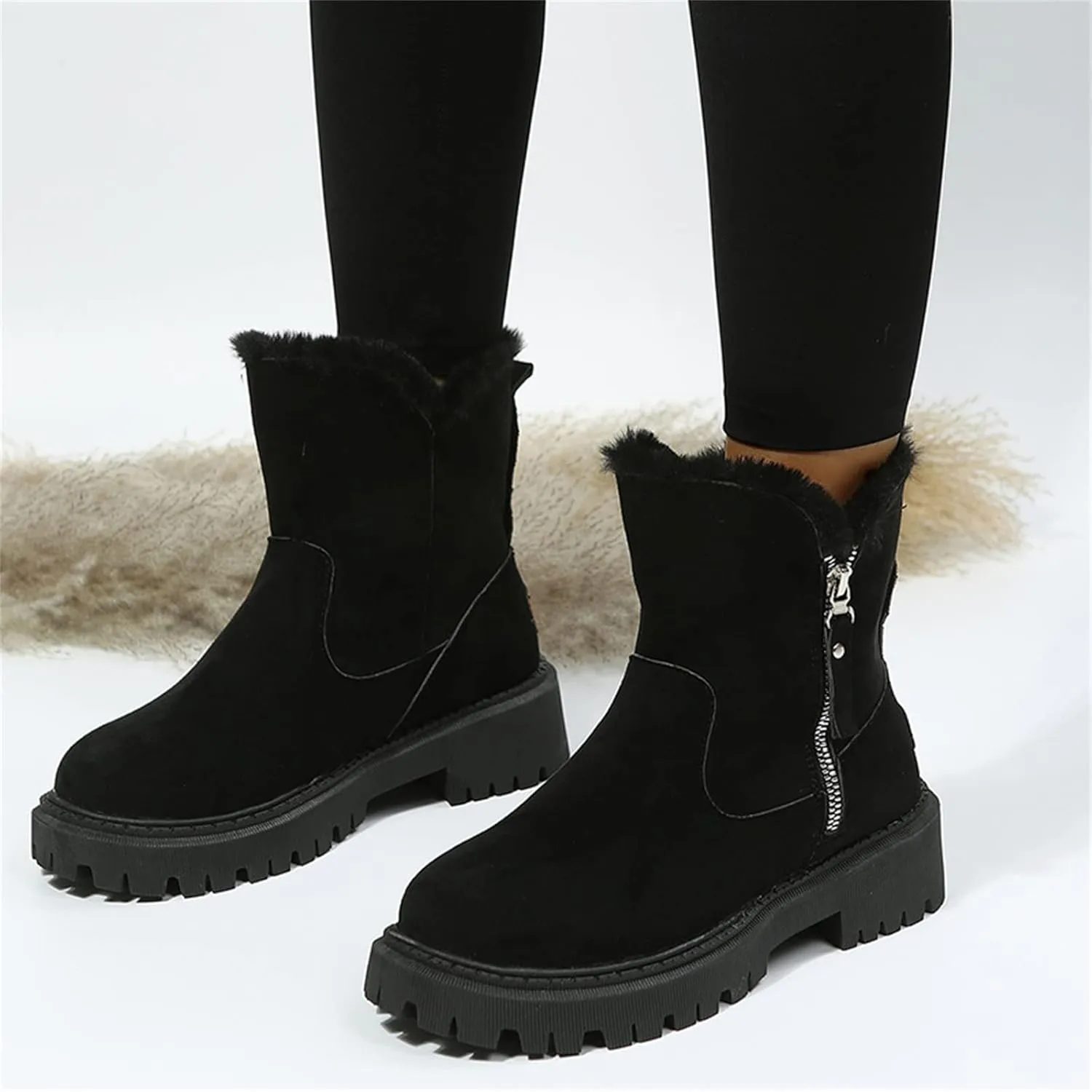 Lausiuoe Trending Winter Boots For Women 2024 Snow Boots Fuzzy Fur Lining Fashion Slip On Ankle Booties Warm Loafers Shoes
