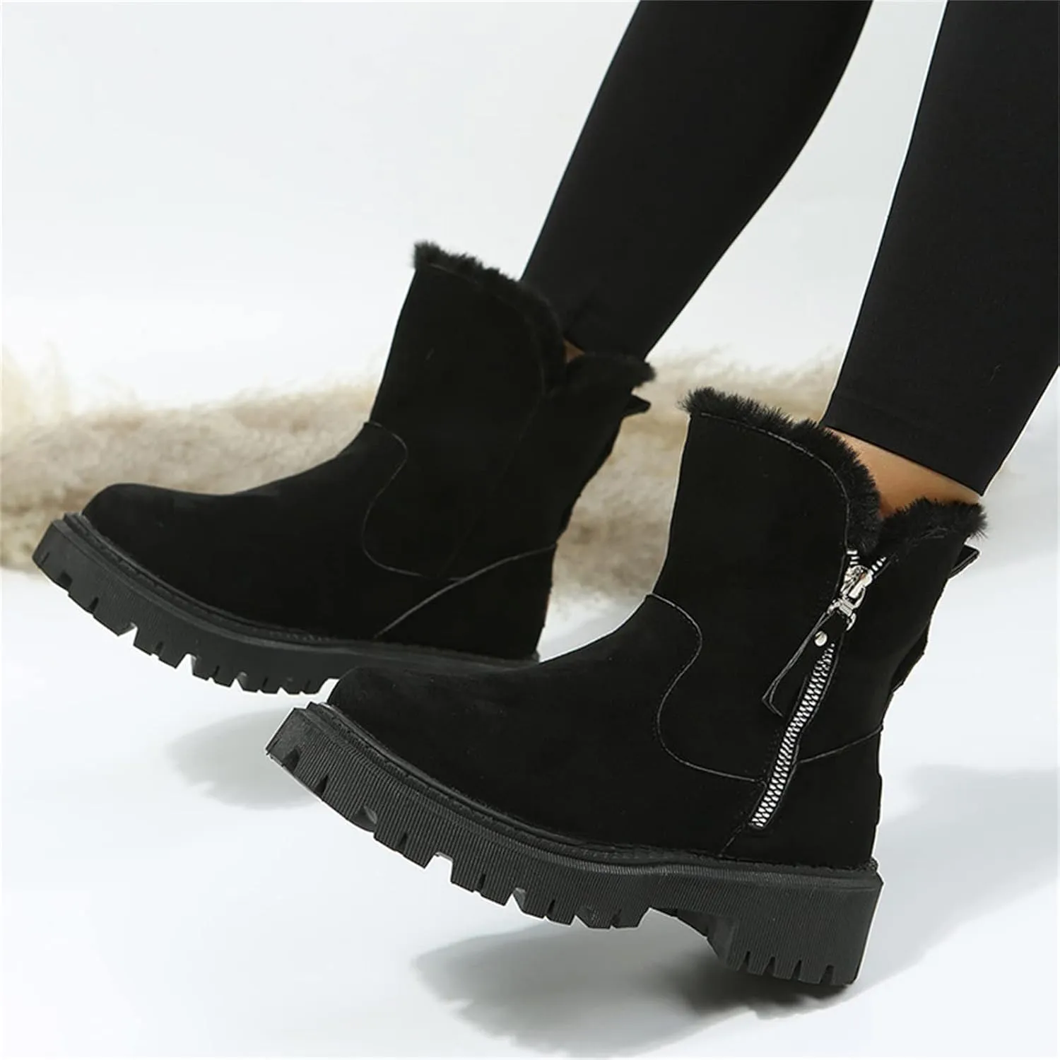 Lausiuoe Trending Winter Boots For Women 2024 Snow Boots Fuzzy Fur Lining Fashion Slip On Ankle Booties Warm Loafers Shoes