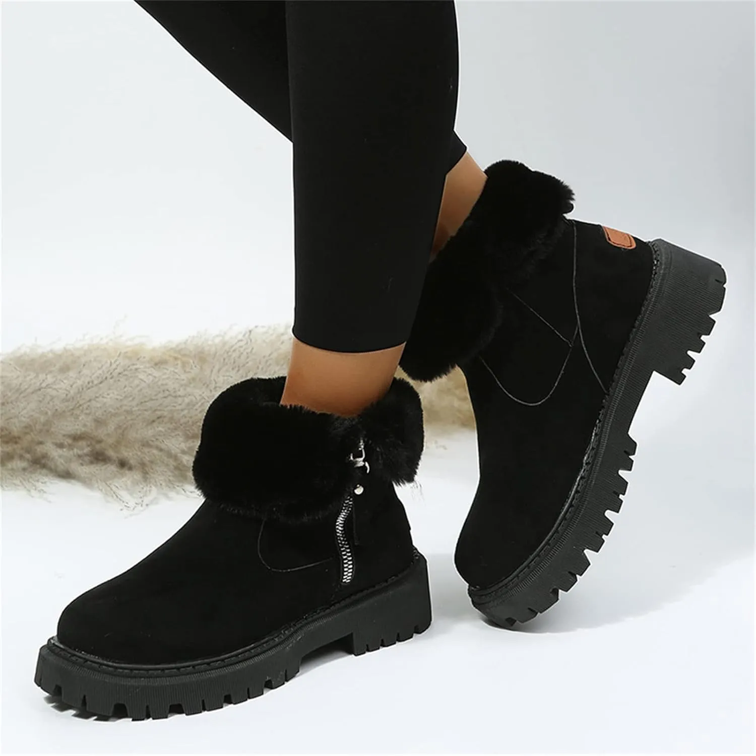 Lausiuoe Trending Winter Boots For Women 2024 Snow Boots Fuzzy Fur Lining Fashion Slip On Ankle Booties Warm Loafers Shoes