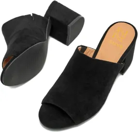 LEHOOR Women Chunky Block Heel Mules Open Peep Toe Slip On Suede Sandals 2” Mid Heels Round Toe Slides Shoes Comfortable Backless Loafers Office Work Summer Beach Slide Slippers Elegant 4-11 M US