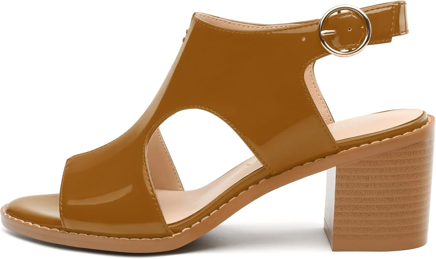 MODENCOCO Women's Heeled Sandals Peep Open Toe Chunky Ankle Booties Low Heel Cutout Bootie Heels Patent Comfy Party Dress Shoes