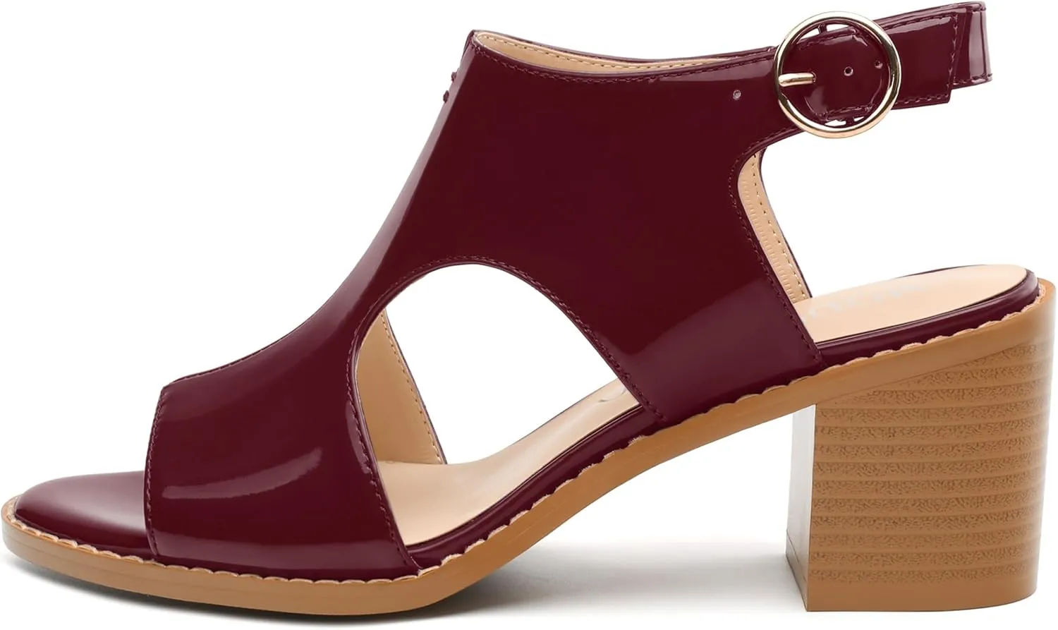 MODENCOCO Women's Heeled Sandals Peep Open Toe Chunky Ankle Booties Low Heel Cutout Bootie Heels Patent Comfy Party Dress Shoes