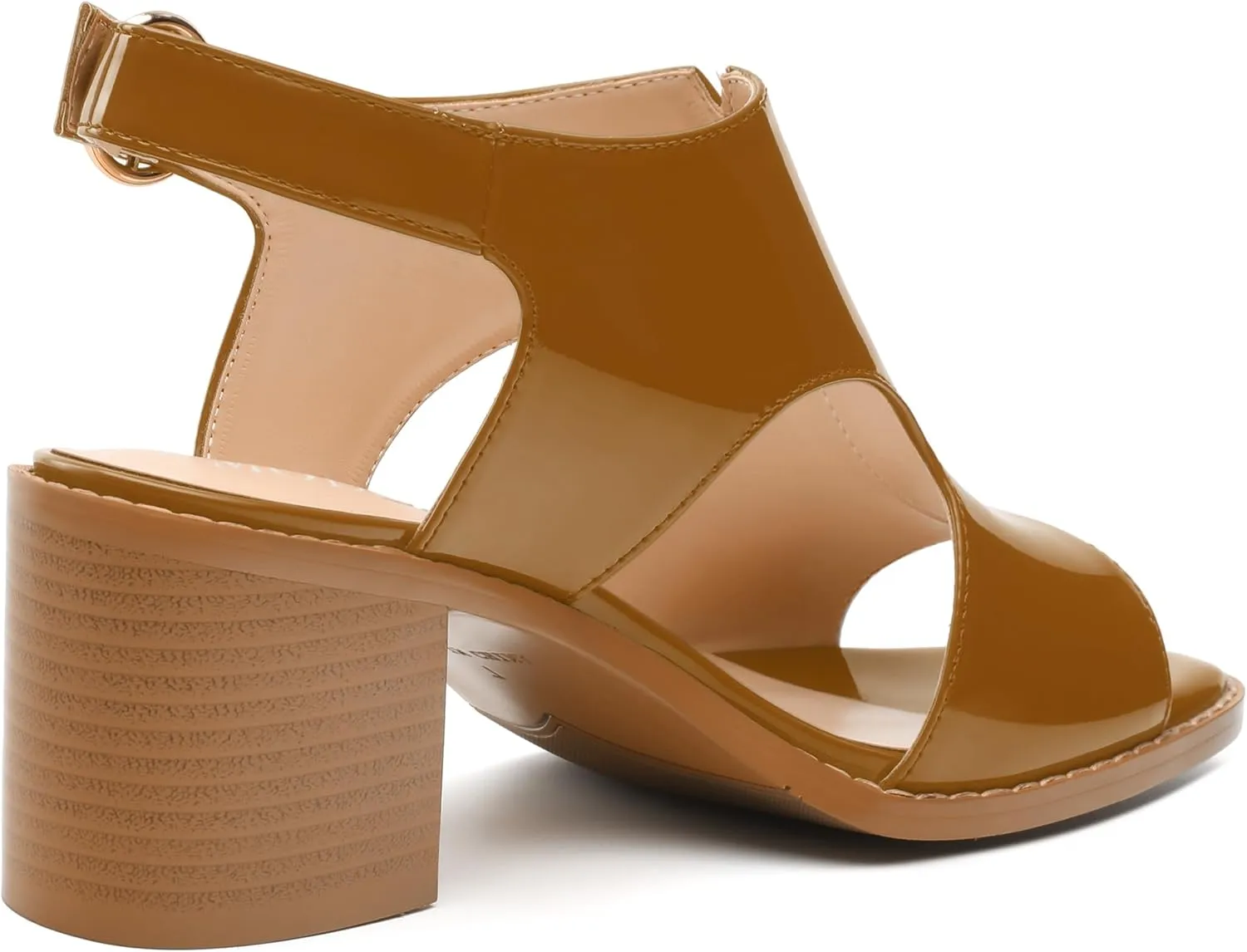 MODENCOCO Women's Heeled Sandals Peep Open Toe Chunky Ankle Booties Low Heel Cutout Bootie Heels Patent Comfy Party Dress Shoes