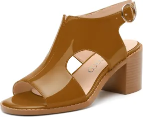 MODENCOCO Women's Heeled Sandals Peep Open Toe Chunky Ankle Booties Low Heel Cutout Bootie Heels Patent Comfy Party Dress Shoes