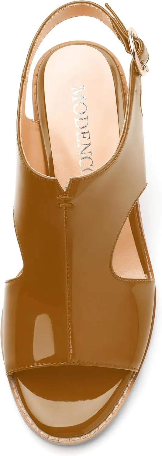 MODENCOCO Women's Heeled Sandals Peep Open Toe Chunky Ankle Booties Low Heel Cutout Bootie Heels Patent Comfy Party Dress Shoes