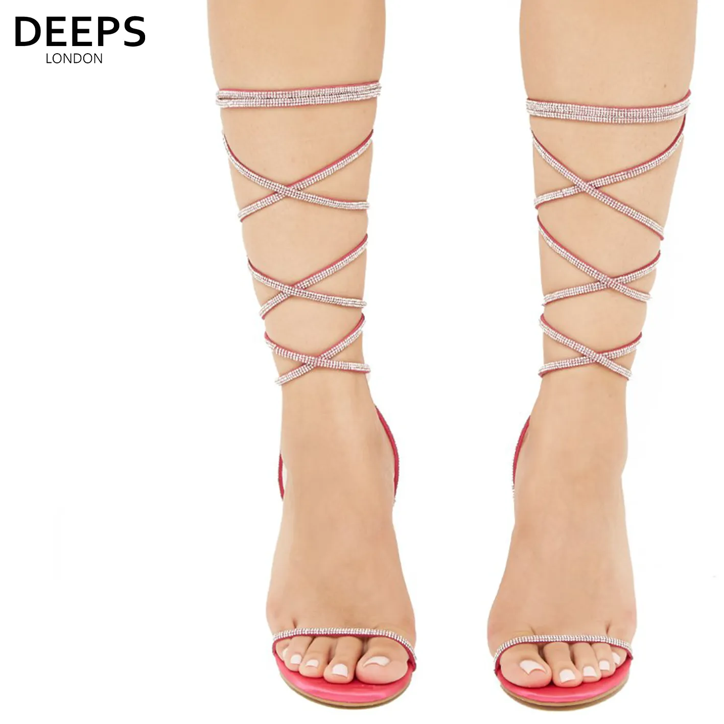 NOMI SATIN RHINESTONE LACE-UP HEELS RED