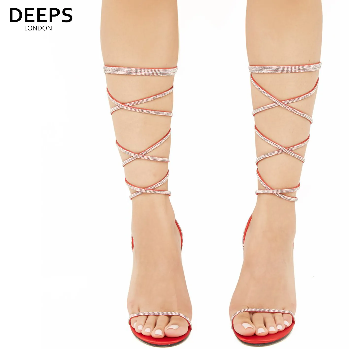 NOMI SATIN RHINESTONE LACE-UP HEELS RED