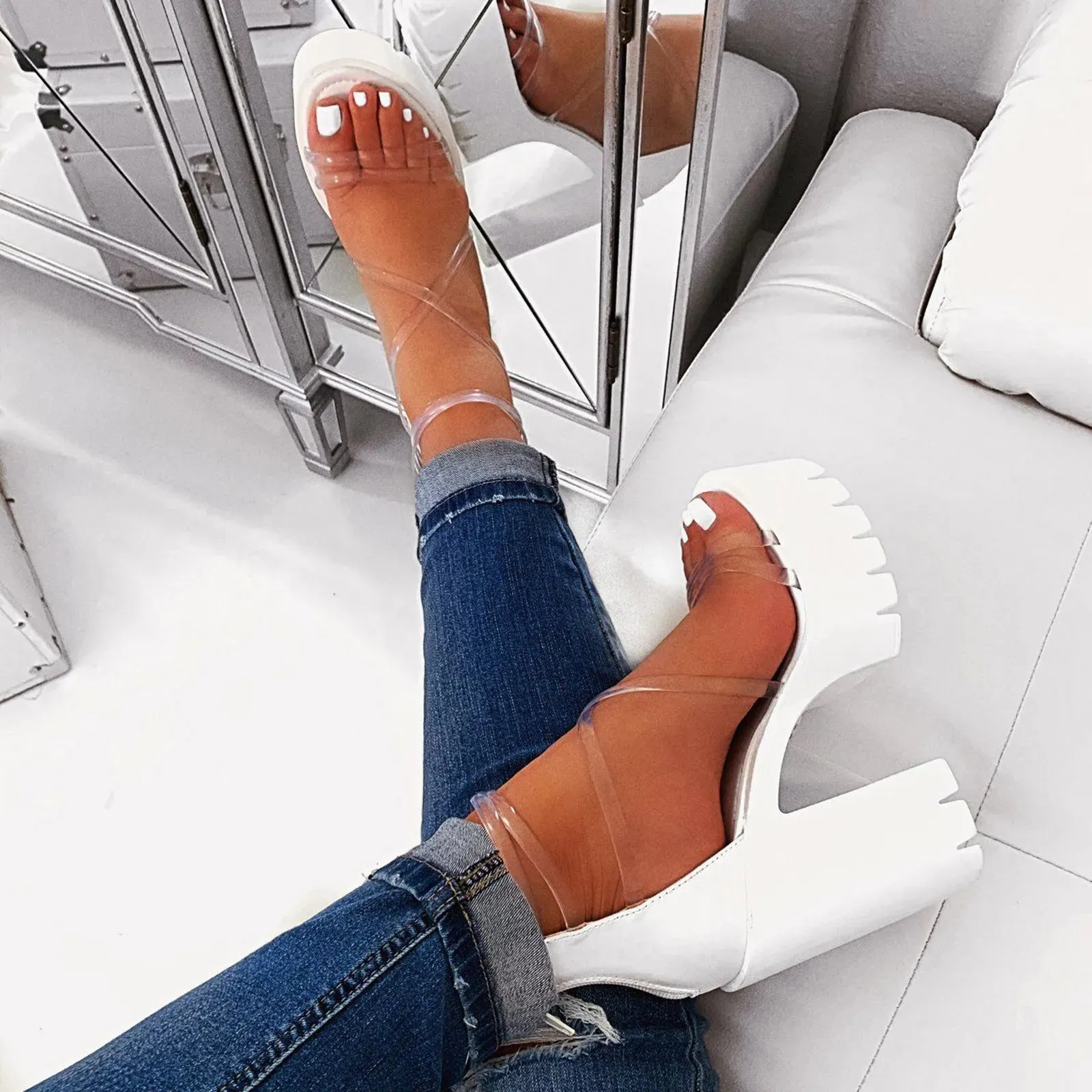 Peach High Heels Sandals Platform Chunky Knee High Boot Heels