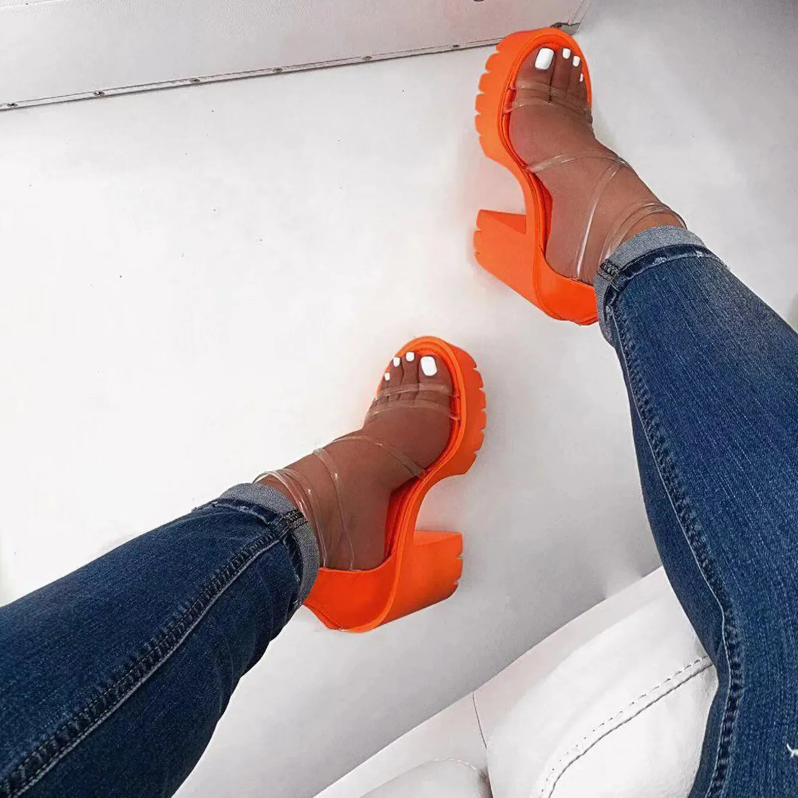 Peach High Heels Sandals Platform Chunky Knee High Boot Heels