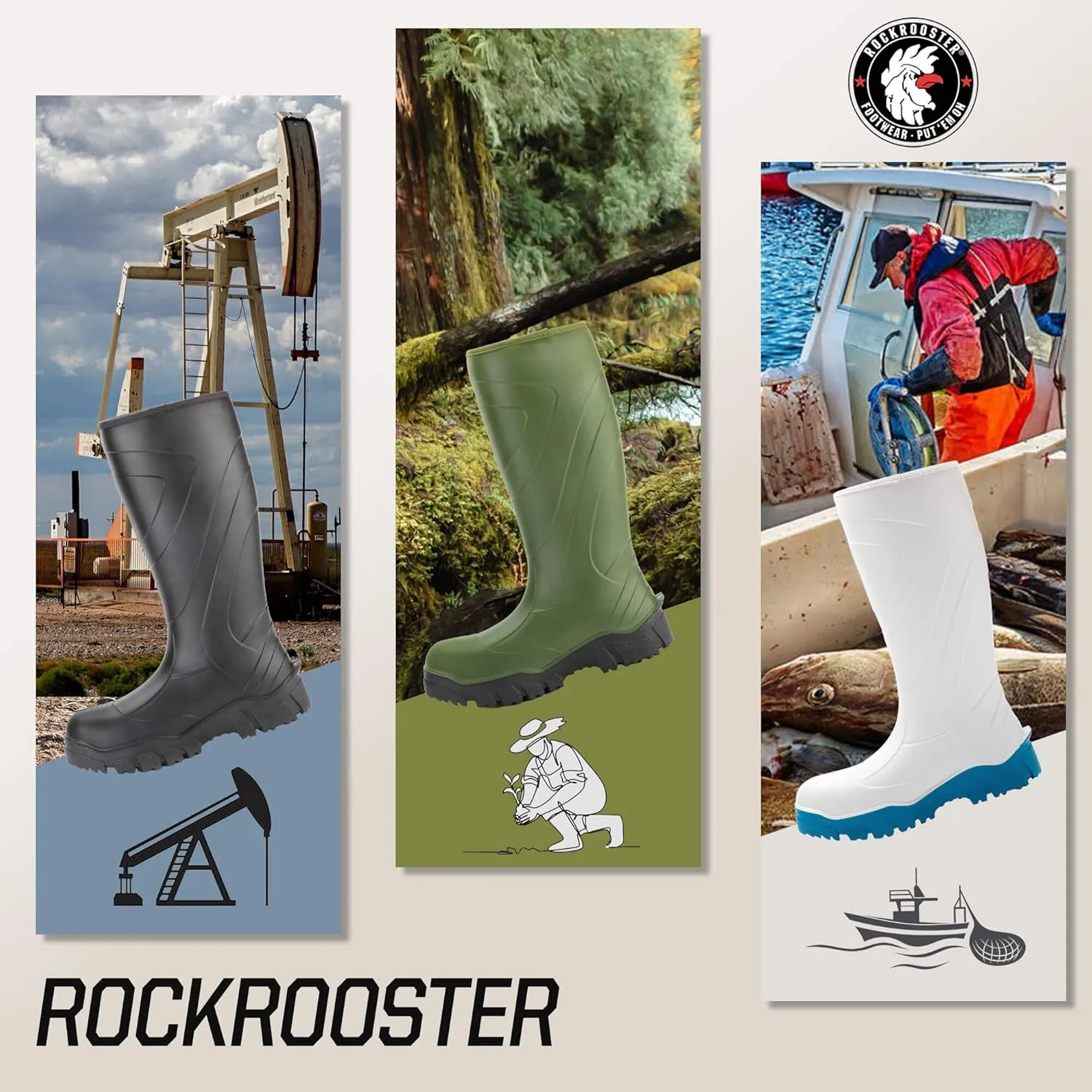 ROCKROOSTER Porter Pull On Rubber Boots for Men, 15" Composite Toe BASF Polyurethane PU Waterproof Wellington Work Boots, PR, EH, Metal Free, Oil Resistant, ASTM F2413-18, WS701