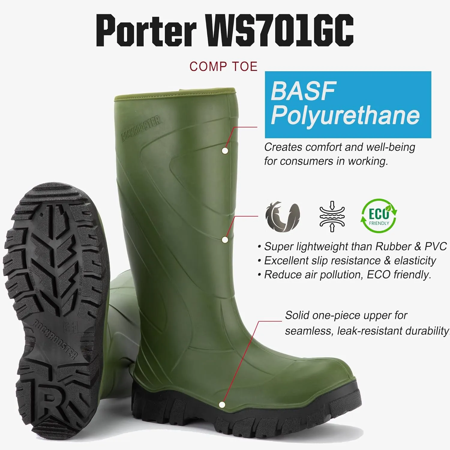 ROCKROOSTER Porter Pull On Rubber Boots for Men, 15" Composite Toe BASF Polyurethane PU Waterproof Wellington Work Boots, PR, EH, Metal Free, Oil Resistant, ASTM F2413-18, WS701