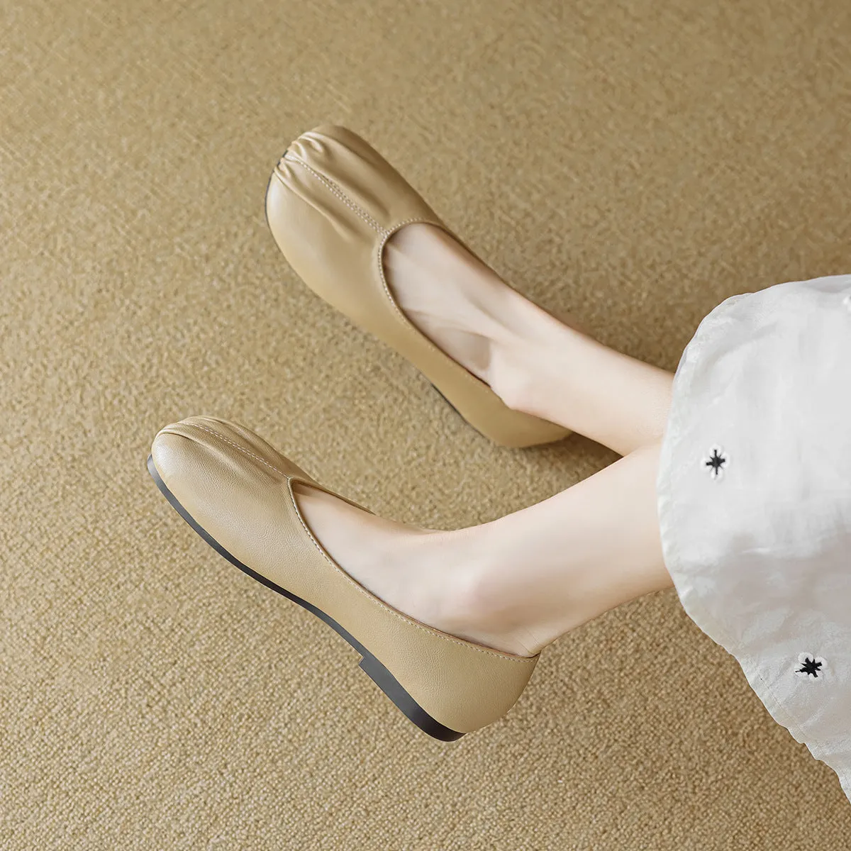 Ruched Soft Leather Ballet Flats