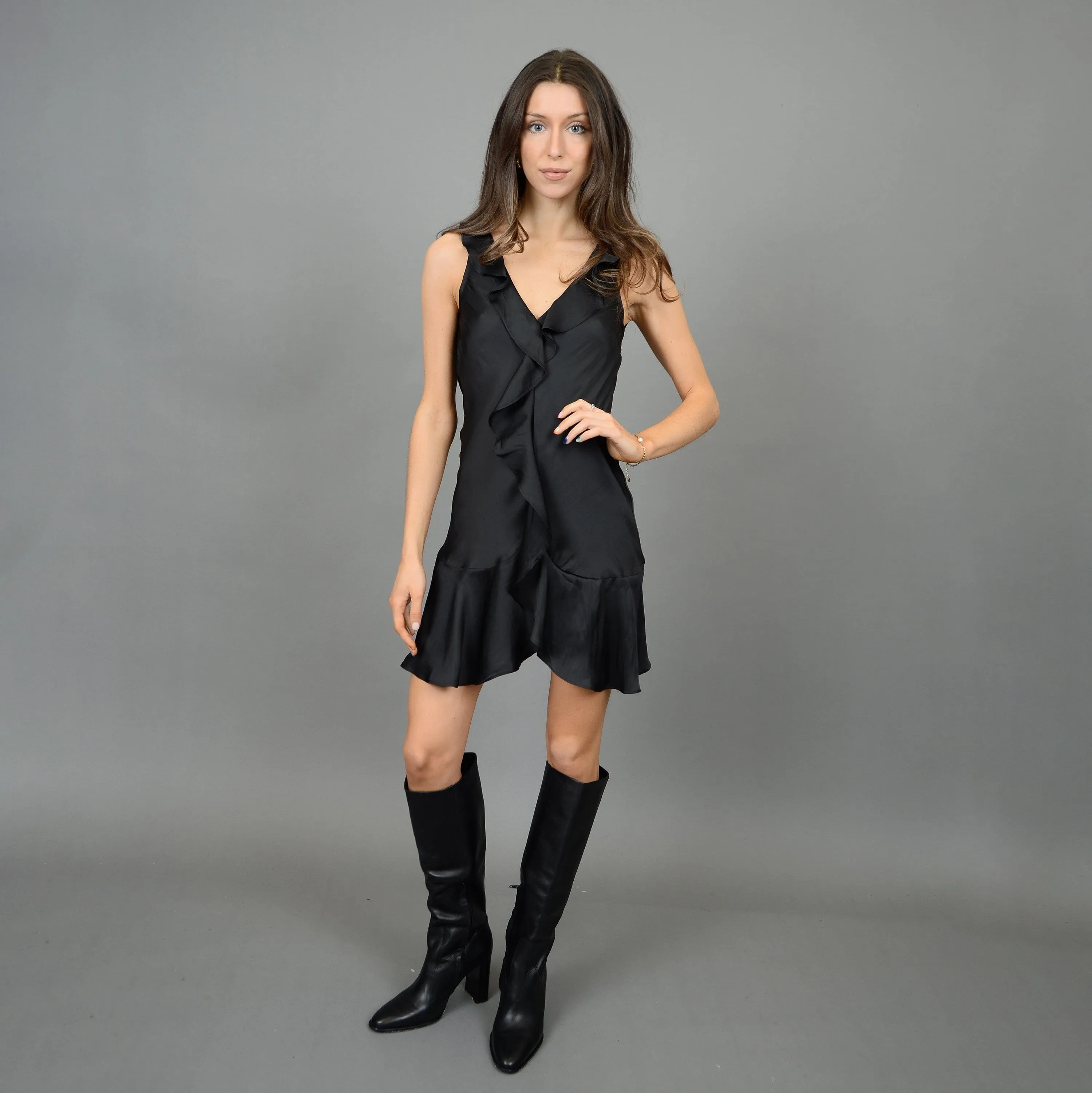 RUFFLE FRONT BLACK DRESS