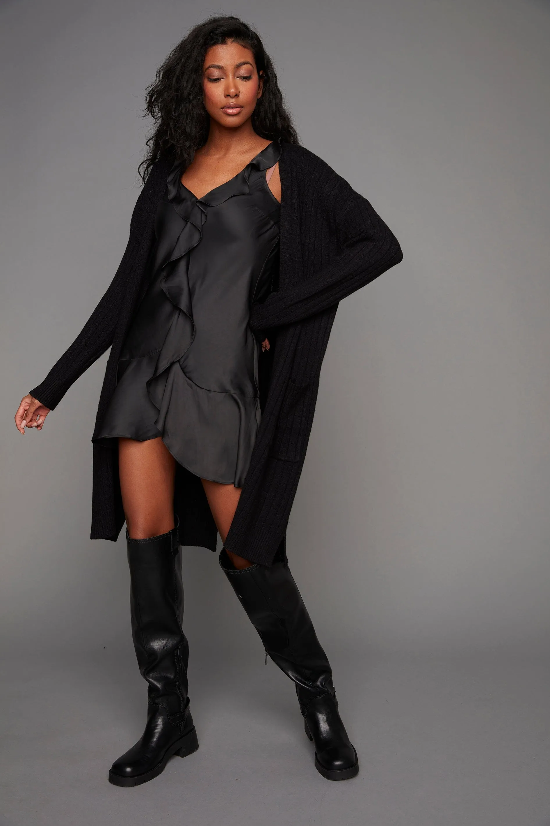 RUFFLE FRONT BLACK DRESS