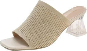 Sandals Women Square Toe Heeled Mules Clear Block Heels Sandals Knit Chunky Square Heels Slip On Breathable Slides