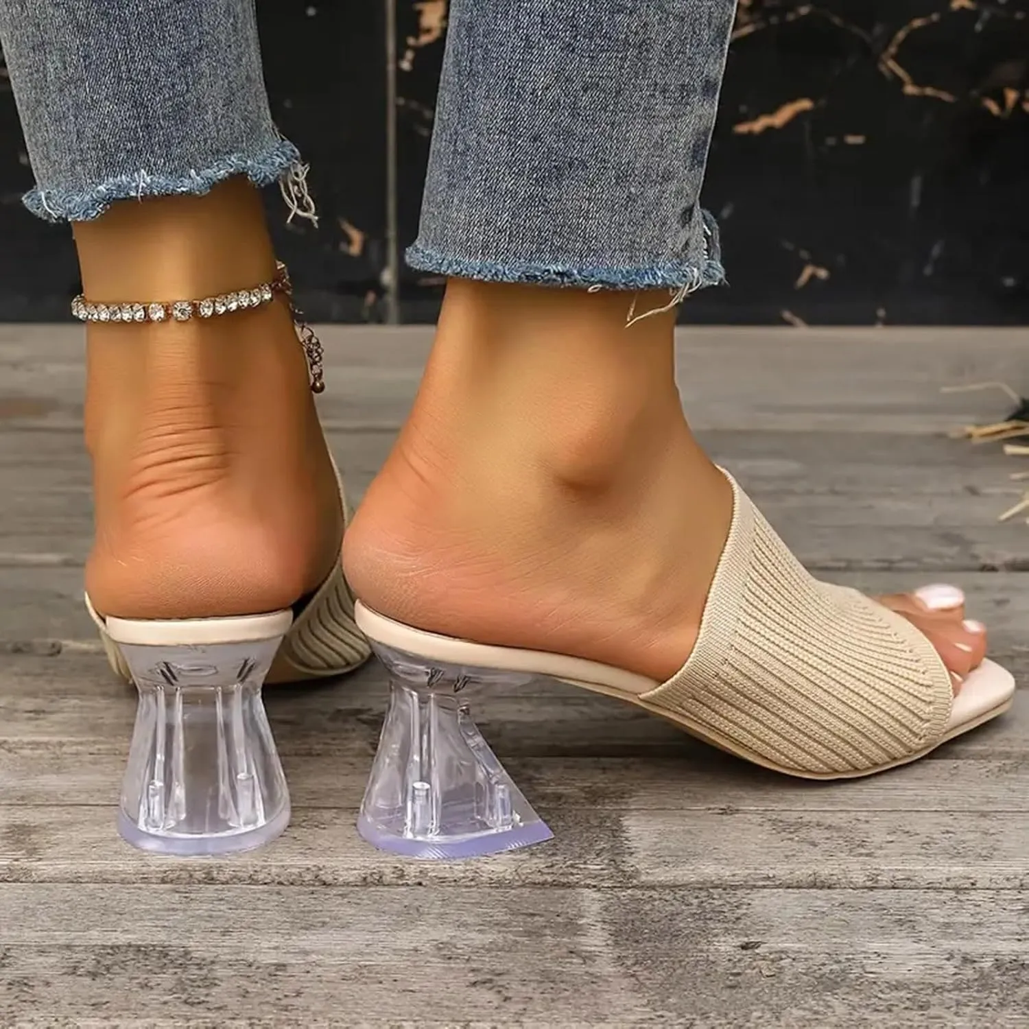 Sandals Women Square Toe Heeled Mules Clear Block Heels Sandals Knit Chunky Square Heels Slip On Breathable Slides