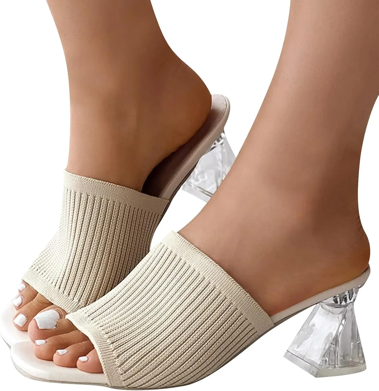 Sandals Women Square Toe Heeled Mules Clear Block Heels Sandals Knit Chunky Square Heels Slip On Breathable Slides