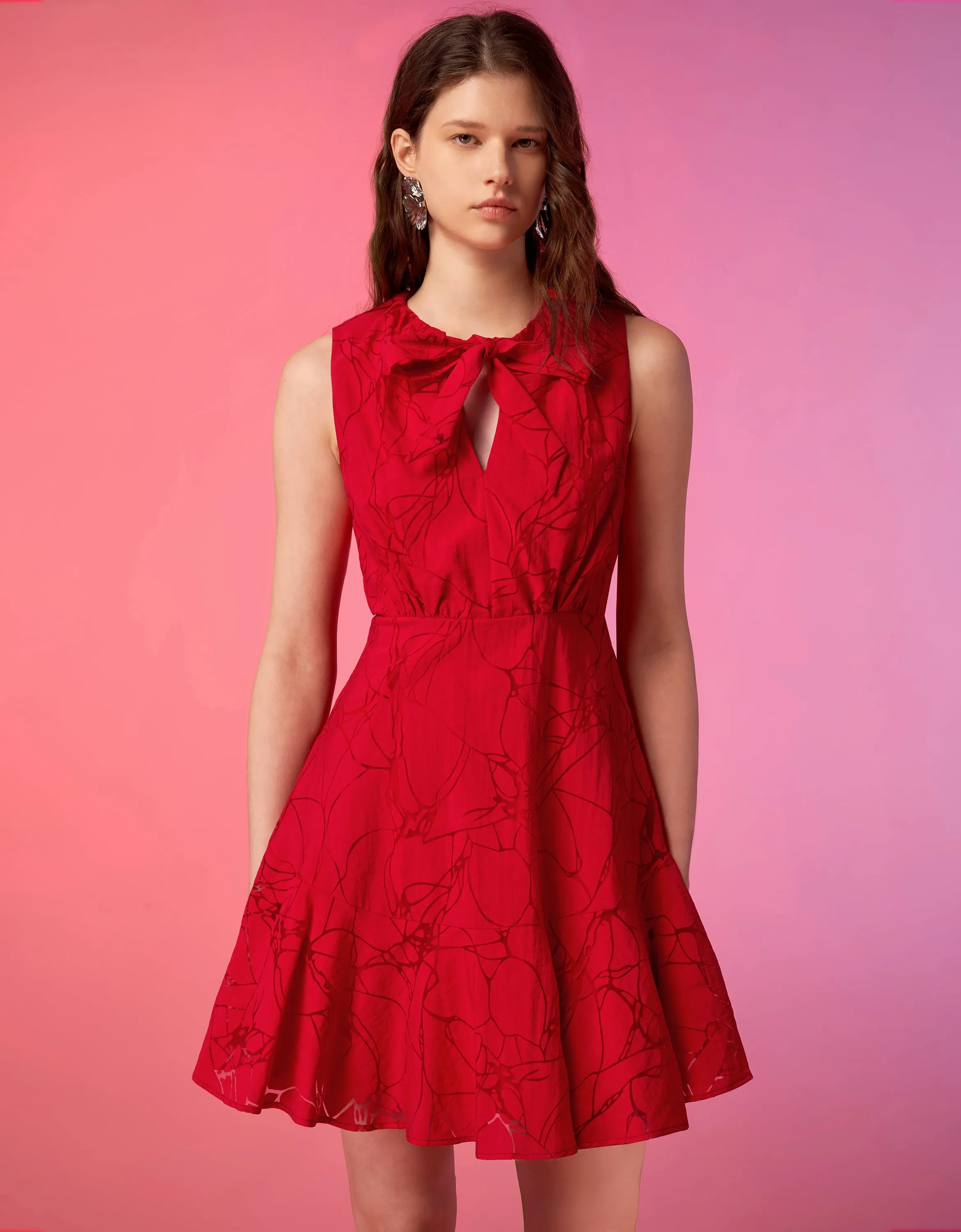 Self Tie Neck Patterned Dress