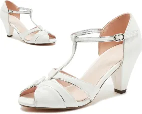 SHODENSE Women Round Open Toe Heeled Sandals Ankle T-Strap Kitten Heel Pumps Cut Out 2" Low Chunky Heel Sandal Shoes Dressy Strappy Buckle Mary Jane Heels Retro Elegant Wedding 4-11 M US